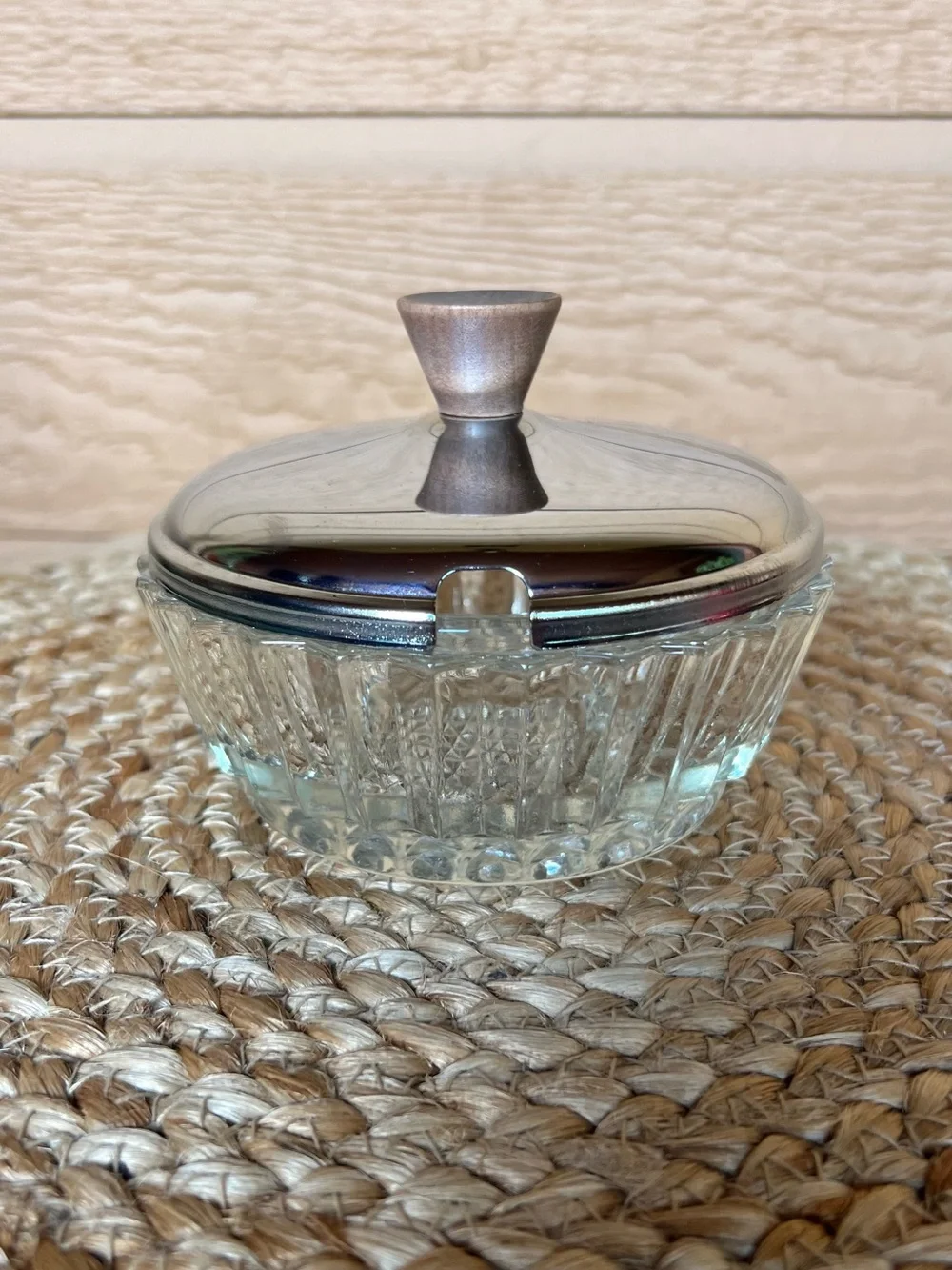 Vintage Kromex Mid Century Cut Glass Condiment Bowl w/ Lid Silver Top